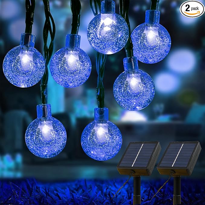 Solar Lights Outdoor Waterproof, 2 Pack Total 200LED 110FT Solar String Lights for Outside w/ 8 Modes, Outdoor String Lights Crystal Globe Patio Lights for Garden Yard Party Decor(Blue)