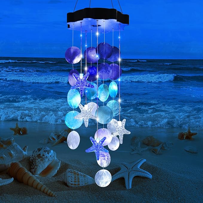 Solar Wind Chimes for Outside, White & Blue Shell Gifts for Mom Grandma Women, Waterproof Solar Outdoor Decorative Mobile Lights for Garden, Yard, Patio, Window, Party, Outdoor Decorations