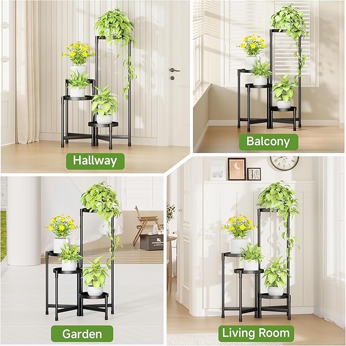 4-Tier Metal Plant Stand Indoor, Foldable Corner Plant Shelf Outdoor, Rotatable Tiered Tall Plant Stand, Black Multiple Plant Stands for Patio Living Room Balcony Garden Home Decor