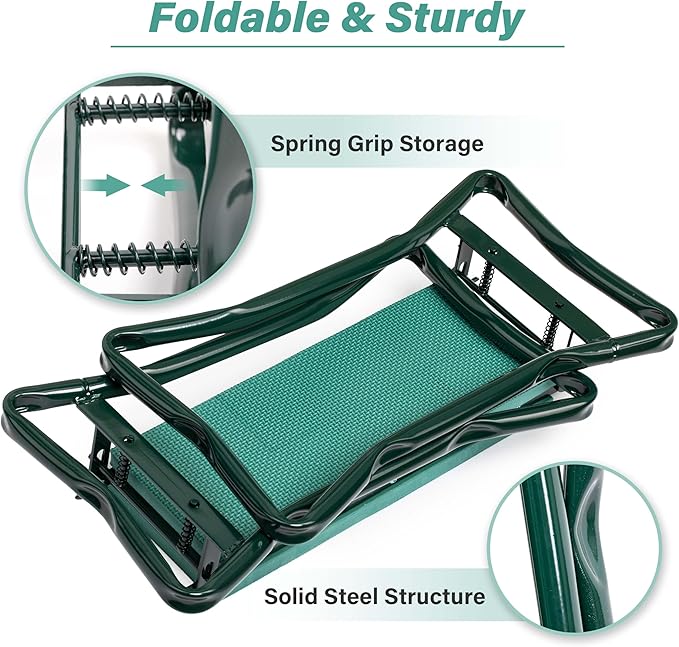 Simple Deluxe Garden Kneeler and Seat, Foldable Kneeling Stool with Thicker EVA Foam Pad Heavy Duty Bench, with Tool Pouch, Gifts for Outdoor Gardening, Fishing, Green, 2 Pack