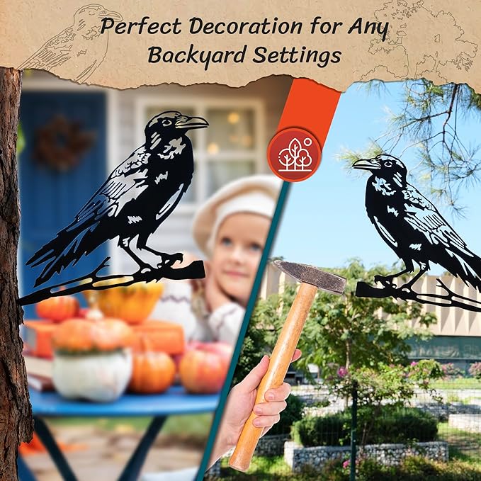 Renovatio Metal Bird Decor – Artistic Raven Silhouette, Metal Garden Ornament, Outdoor Tree Decorations – A Remarkable Yard & Lawn Decor – Raven (Black)