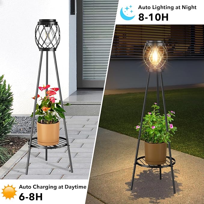 2 Pack Solar Lights Outdoor with LED Edison Bulbs, Vintage Style Solar Floor Lamp with Plant Stands, Weatherproof Garden Lights for Pathway, Patio, Yard, Porch Decor 8-10 Hours Lighting