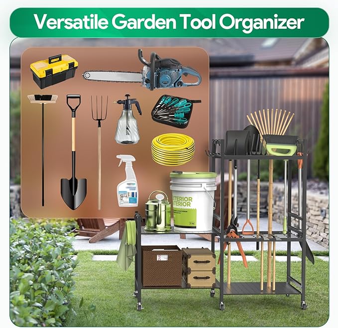 Garden Tool Organizer for Garage,Yard Tool Holder with Wheels,Multifunctional Tool Storage Rack with 5 Hooks,for Garden Shed Garage Yard Basement Lawn,Up to 35 Long-Handled Tools,Black