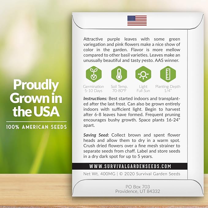 Survival Garden Seeds - Opal Basil Seed for Planting - 5 Packs with Instructions to Plant and Grow Delicious & Unique Purple Basil Herb Plants in Your Home Vegetable Garden - Non-GMO Heirloom Variety