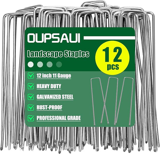 12 Inch 11 Gauge Galvanized Landscape Staples Stakes for Decoration, 12/25/100pcs Garden Metal Stakes for Weed Barrier Fabric, Fence Stakes, Tent Stakes(12in,12pcs)