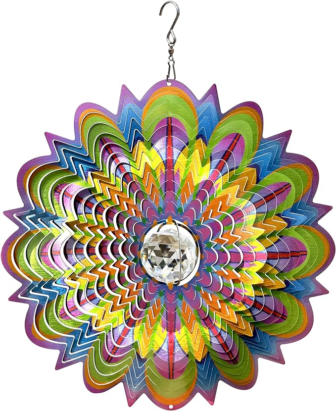 FONMY Mandala Wind Spinner w/Crystal Ball-Bloosom 3D Stainless Steel Suncatcher Hanging Spinners Worth Gift Christmas Decoration Indoor/Outdoor Garden Décor Kinetic Yard Art 12 Inches Wind Sculpture