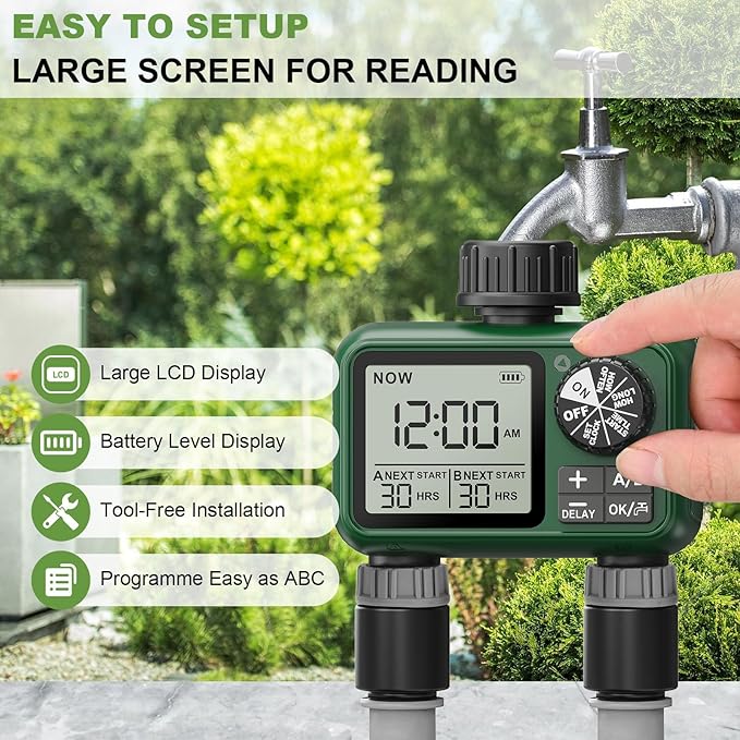 2 Outlet Sprinkler Timer, XinFuture Water Timer, Programmable Garden Hose Timer with Rain Delay, Manual& Automatic Watering System, Waterproof Digital Irrigation Timer for 2 Separate Watering Zones
