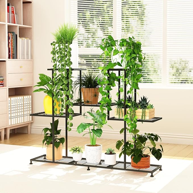 Metal Plant Stand, 5 Tiers Multifunctional Plant Stands for Indoor Plants, Decorative Black Steel Plant Shelf for Indoor Patio Garden Balcony and Yard (4 tiers 12 pots)