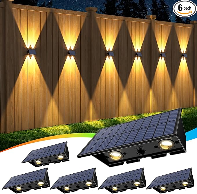 Solar Fence Lights,6Pack Solar Lights Outdoor Warm White + RGB Up & Down Waterproof 100 Lumens Dusk to Dawn for Wall/Backyard/Pool/Railing/Patio/Porch/Step