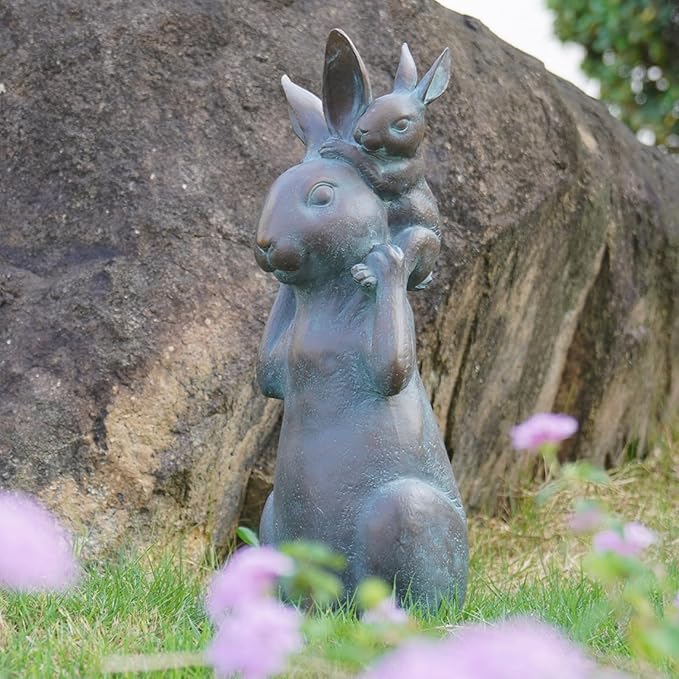 Rabbit Garden Statues Bunny Decorations - Easter Bunny Father with Baby Figurine Easter Gift Dark Gray Garden Spring Bunny Sulpture for Yard Framhouse Outdoor Décor 7*5.25*15.25 in Newman House Studio