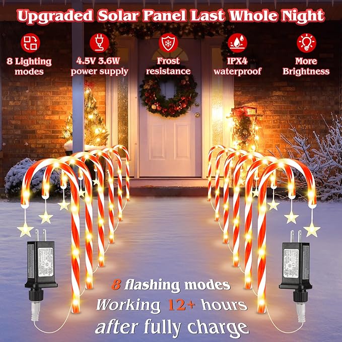 19.3in Christmas Candy Cane Lights with Adapter, 20 Pcs Pathway Light with Snowflake 8 Modes, Outdoor Christmas Decorations for Outside Path, Walkway, Driveway, Sidewalk, Porch, Yard, Garden
