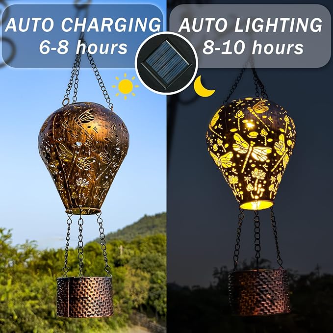2-Pack Dragonfly Decor Hot Air Balloon Solar Lantern – Outside Decorative Hanging Light for Garden Yard Patio Porch Lawn and Pathway – Unique Housewarming, Birthday Gift for Women Mom Grandma