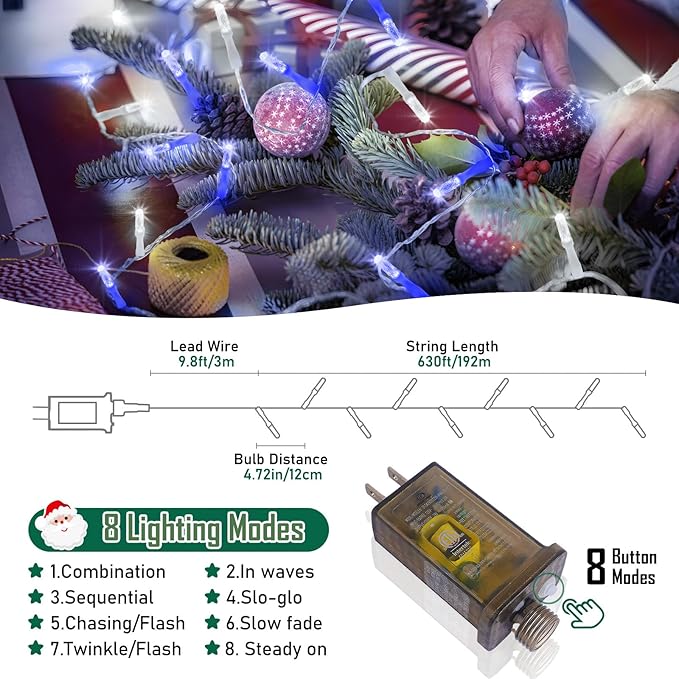 Heceltt 1600 LED 630 FT String Lights Outdoor, 8 Modes Christmas Lights, IP44 Waterproof Led String Lights with Timer and Memory for Christmas Home Party Tree Decorations (Blue and White)