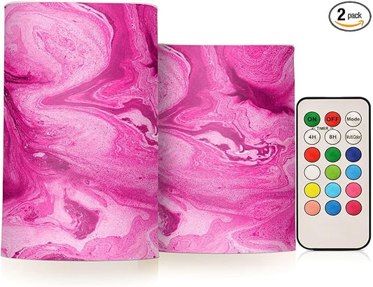 Flickering Flameless Candles, Pink Fuchsia Marble LED Candles with Remote Timer, Set of 2 Battery Operated Candle for Valentine Wedding Birthday