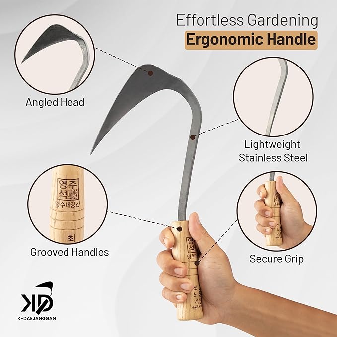 Fits All Hand Sizes: Youngju Homi & Korean Garden Hand Plow Hoe - Korean Master Blacksmith Seok No Ki Crafted - Ideal for Easy Gardening, Weeding, Farming - Safety Cover Included. Authentic, Handmade