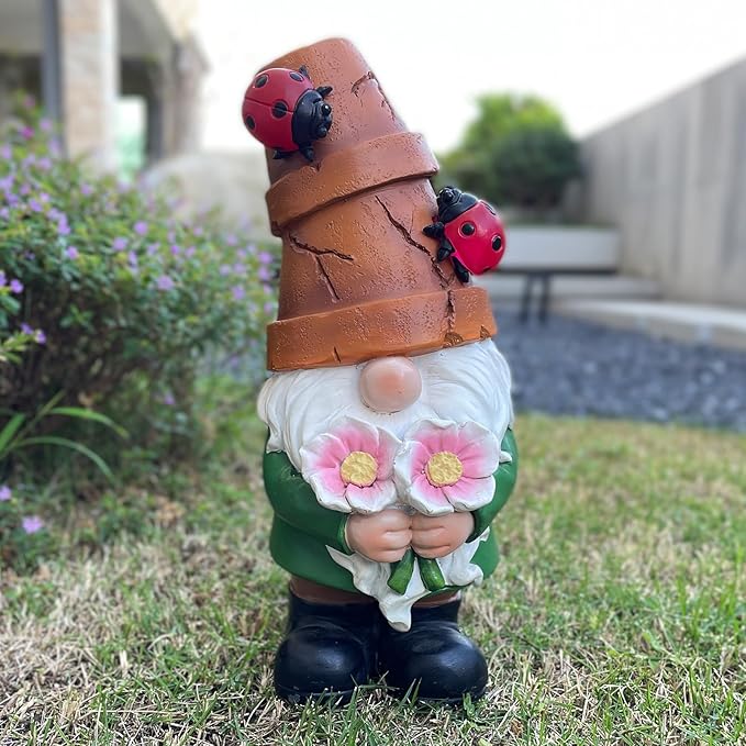 Garden Gnome Statues Outdoor Decor, Solar Gnomes with LED Lighted Flowers, Solar Resin Garden Outdoor Statue Sculpture, for Woman Gift Home and Garden Decor