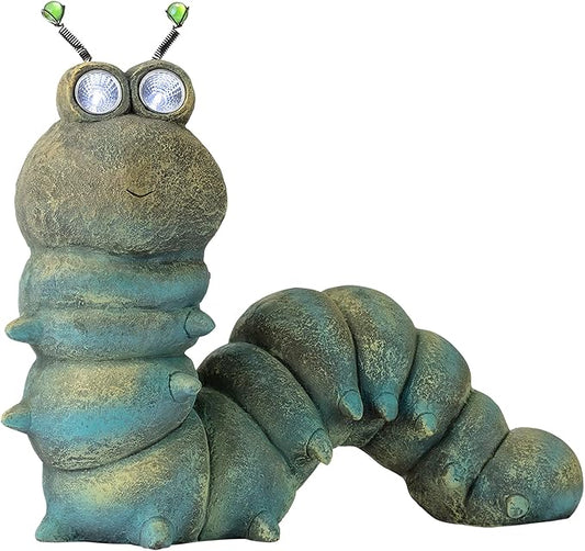 Alpine Corporation FCC121SLR Outdoor Solar Powered Garden Caterpillar Statue with LED Lights, LED Solar Garden Décor, 16"