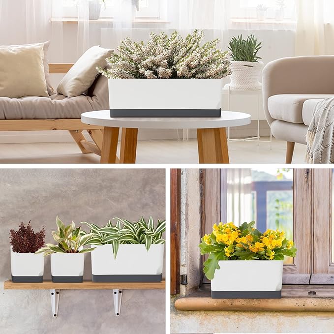 Self Watering Planters Pots for Indoor Plants, 7 Pack 4+8+17 Inch Plastic Window Boxes Planters Herb Planter, Rectangle Rectangular Planter Windowsill Planters with Drainage and Saucer