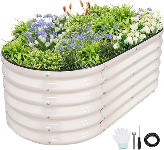 Galvanized Raised Garden Bed - 4x2x1.4FT Metal Planter Boxes Outdoor | Oval Steel Raised Bed Kit for Gardening with Protective Tape, Gloves for Vegetables, Flower, Herb (White)