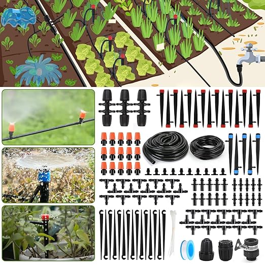 Drip Irrigation System, Flantor 141FT Garden Watering System Adjustable Greenhouse Drip Irrigation Kit with 1/2 inch & 1/4 inch Irrigation Tubing for Garden, Patio and Lawn