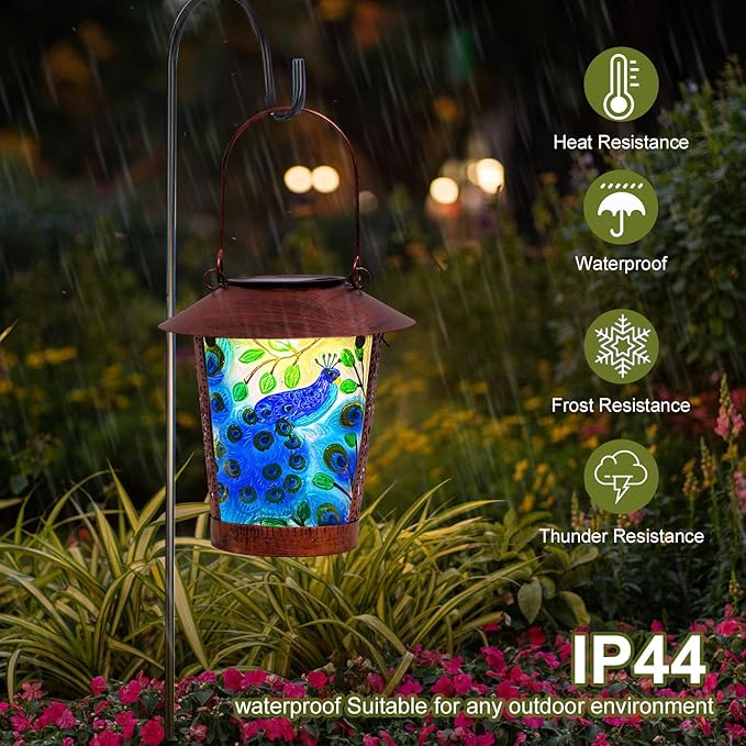 Solar Lanterns Outdoor Peacock Hanging Waterproof Decorative Lamp with Glass Peacock Solar Lights for Outside Yard Table Patio Garden