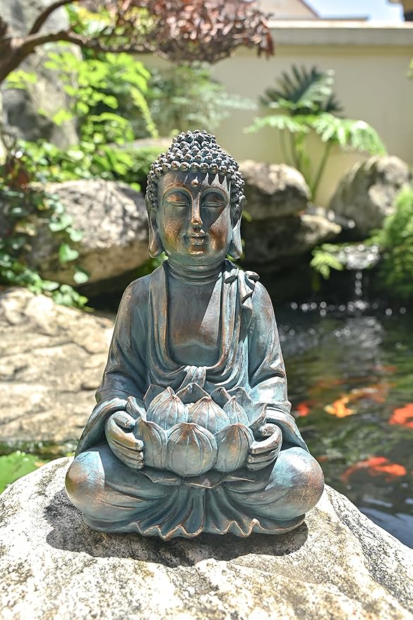 TERESA'S COLLECTIONS Meditating Buddha Statue for Garden Decor with Outdoor Solar Lights, Large Resin Christmas Decor Outdoor Statue Garden Sculpture Figurines for Home Lawn Yard Decorations, 10.4''