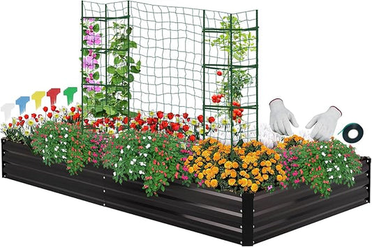 ONCEMORE Galvanized Raised Garden Bed for Vegetables Flowers Herbs, Metal Raised Garden Bed Kit with 2 PCS Tomato Cage, Gloves, Trellis Netting, Plant Labels, Plant Ties, Black 8×4×1FT