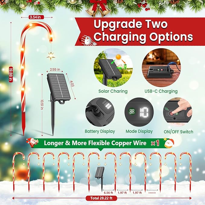 WdtPro Outdoor Christmas Decoration, 12 Pack 28.3FT Solar Powered 72 LED Christmas Candy Cane Lights with Stakes, 10 Lighting Modes Waterproof Christmas Lights Outside Decorations for Yard, Garden