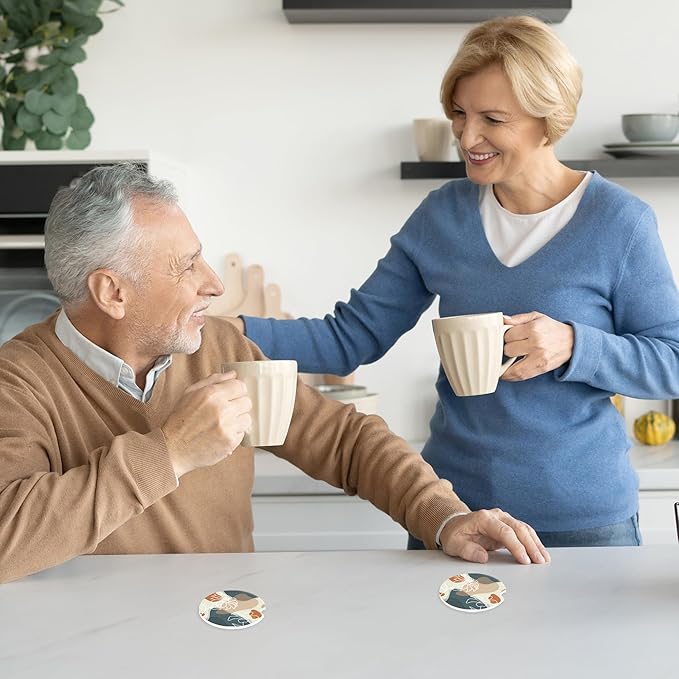 Abstract Flowers Leave Car Coasters,Ceramic Absorbent Cup Holders with Finger Notch & Cork Base Car Assecories for Women/Men 2.6"(2 Pieces)