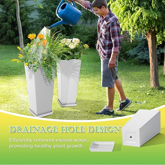 Set of 2 Large Tall Planter for Indoor or Outdoor 24" Tall Flower Pots Tapered Tall Planters with Tray for Porch, Patio, Backyard, Large Planters for Outdoor Indoor Plants(White)