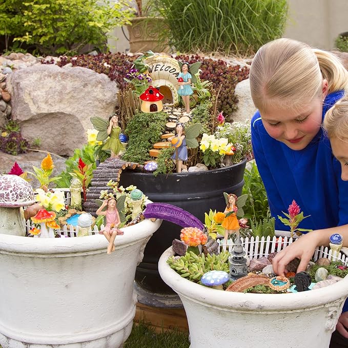 Unittype 19 Pcs Miniatures Fairy Gnome Resin Figures Garden Accessories Mushroom House Figures Fake Pond Lawn Bridge Figurines Terrarium Ornaments Garden Decoration for Outside(Fairy)