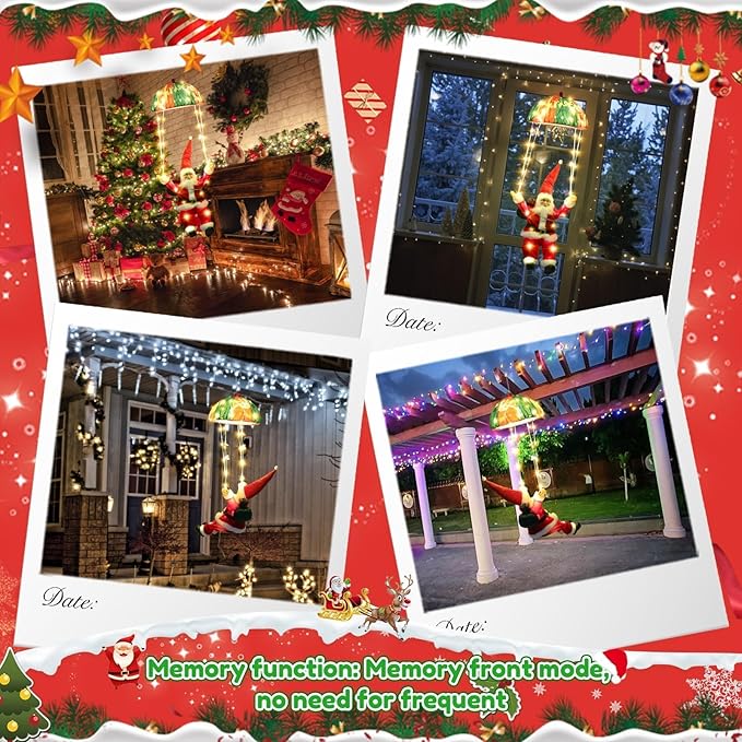 Christmas Decorations Lights Outdoor, 88 LED Christmas Parachute Lights with Santa Claus, 8 Modes Hanging Warm White Xmas Light, Holiday Decorative Lighting for Roof Eave Porch Balcony Indoor Decor