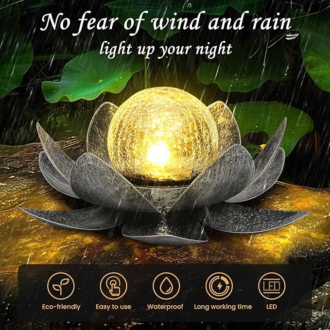 GIGALUMI Solar Light Outdoor Garden Decor, Lotus Flower Light Crackle Globe Glass Lantern Outdoor Table Decor Waterproof for Patio, Lawn, Pathway, Pool, Pond (Grey Petal)