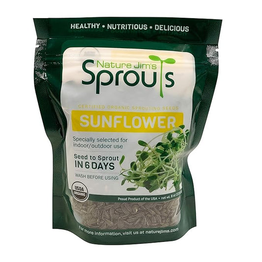 Nature Jims Sprouts Sunflower Seeds - Certified Organic Black Oil Sunflower Sprouts for Soups - Raw Bird Food Seeds - Non-GMO, Chemicals-Free - Easy to Plant, Fast Sprouting Sun Flower Seeds - 8 Oz