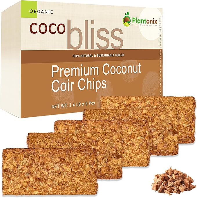 Coco Chips for Plants (650gm Bricks, 5-Pack) - Organic Coco Coir Chips - Coconut Husk Chips for Potting Soil, Garden Soil, & Seed Starter Soil - Coconut Mulch for Garden - Coconut Chips for Plants