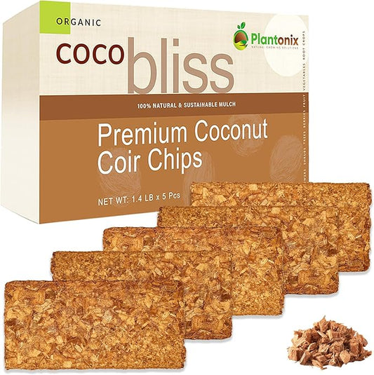Coco Chips for Plants (650gm Bricks, 5-Pack) - Organic Coco Coir Chips - Coconut Husk Chips for Potting Soil, Garden Soil, & Seed Starter Soil - Coconut Mulch for Garden - Coconut Chips for Plants