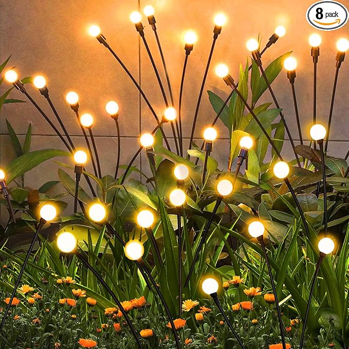 Solar Garden Lights Outdoor, 8 Pack Solar Firefly Lights, Starburst Swaying Lights, Waterproof Garden Decor for Yard Patio Pathway Lawn, Gardening Gifts for Women, White, 8pack6touYBD