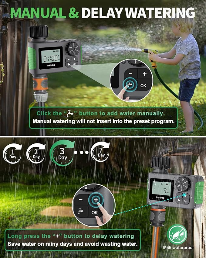 Hose Timer, Water Timer for Garden Hose, Programmable Sprinkler Timer with Rain Delay/Manual/Automatic Watering System, Waterproof Digital Irrigation Timer for Yard Lawn Garden