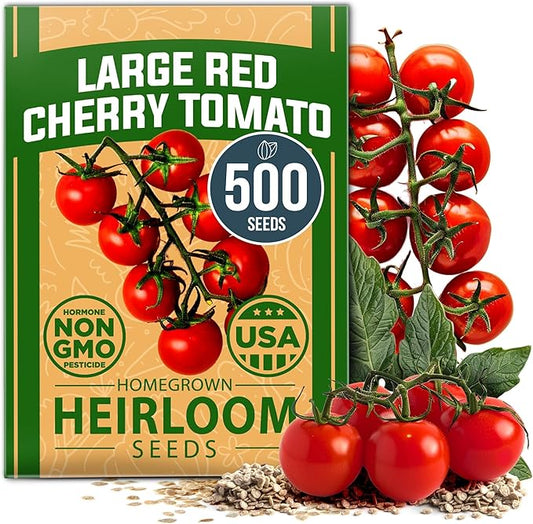 HOME GROWN Large Red Cherry Tomato Seeds Pack -500 Non-GMO Heirloom Tomato Seeds for Planting (Solanum lycopersicum) Vegetable Seeds for Homesteading, Sustainable Living, and Self-Sufficient Gardening