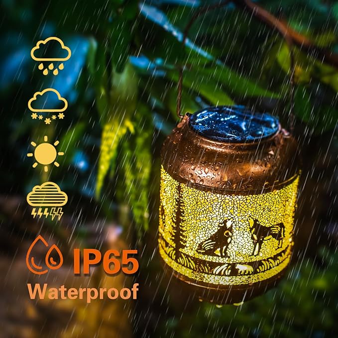 Wolf Solar Lanterns Outdoor Waterproof Hanging Solar Lights Wolf Gifts for Women Men Mom Metal Decorative LED Outdoor Lanterns for Patio, Lawn, Landscape, Garden Decor, Yard Decorations