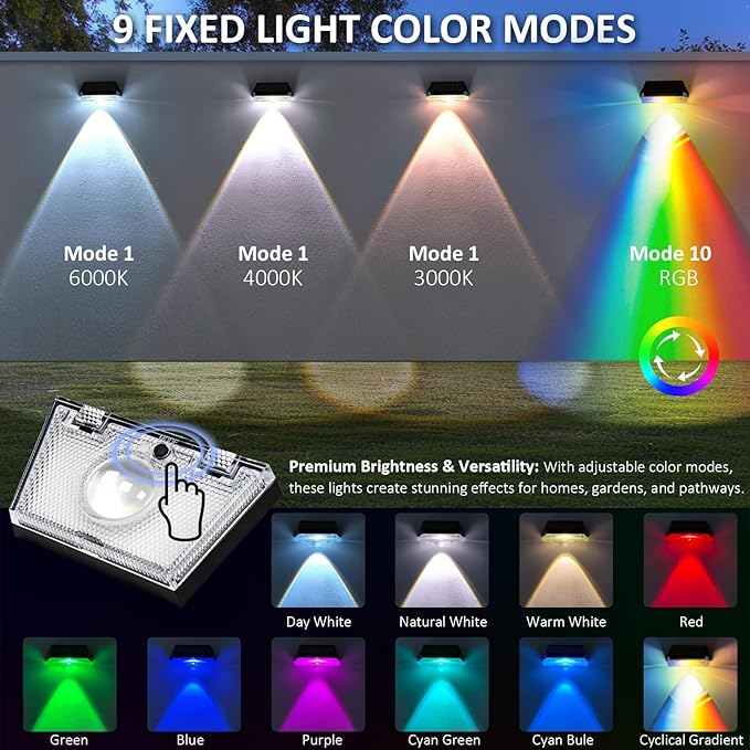 HENRE Solar Fence Lights Outdoor - 9 Color Modes & Cyclical Gradient, IP44 Waterproof Solar Outdoor Light, Auto On/Off, Fence Lights Solar Powered for Garden, Pathway, Yard Decor (12-Pack)