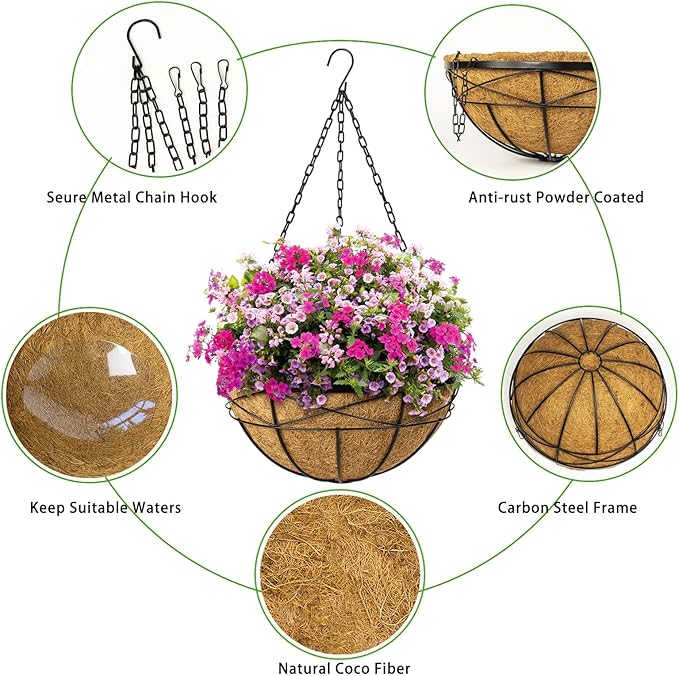 Hanging Planters for Outdoor Plants: 2 Pack 16" Hanging Baskets Flower Pots with Coco Liners & Plastic Saucer Large Deep Hanging Plant Holder for Porch Balcony Garden Décor