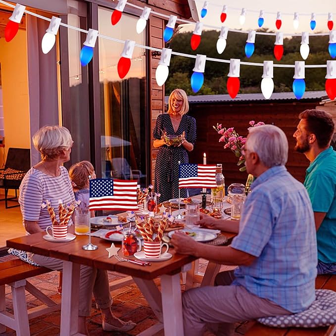 22.8 FT C7 LED 4th of July Decorations Lights with 20+3 Red White and Blue Lights Bulbs, Waterproof Outdoor String Light for Memorial Day Independence Day Patio Garden Bistro Patriotic Decor
