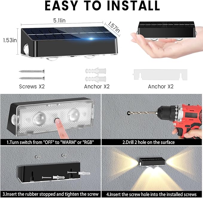 Solar Fence Lights Outdoor - 3-Side Fence Light Solars Powered for Outside IP65 Waterproof Fence Solar Lights Outdoor for Outside Garden Backyard Patio Deck Fence Stair Step Railing Pathway(4Pack)