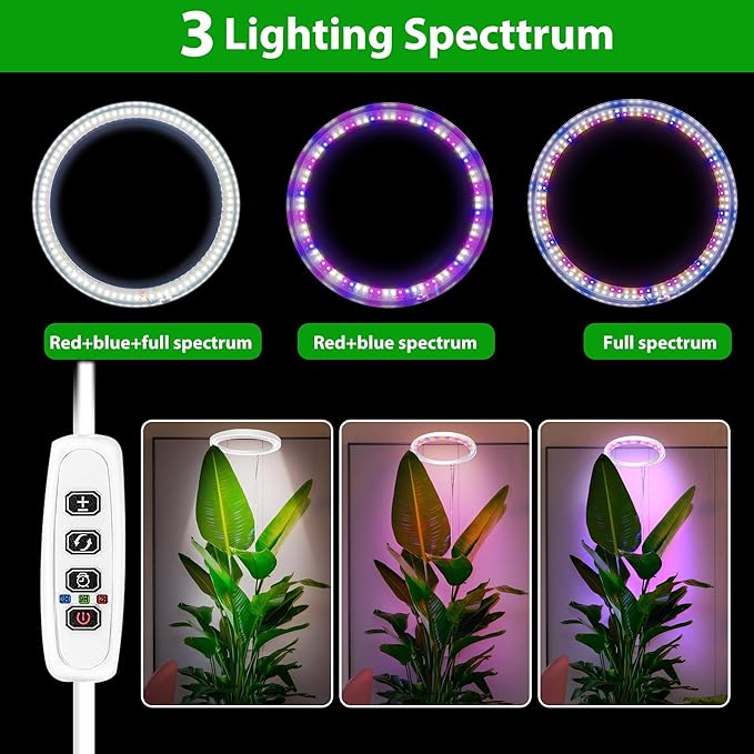 10" LED Ring Grow Lights for Indoor Plants, 160LEDs Full Spectrum Large Plant Light for Indoor Plants, Height Adjustable Growing Lamp with Auto On/Off Timer 3/9/12H, 9 Dimmable Brightness, White