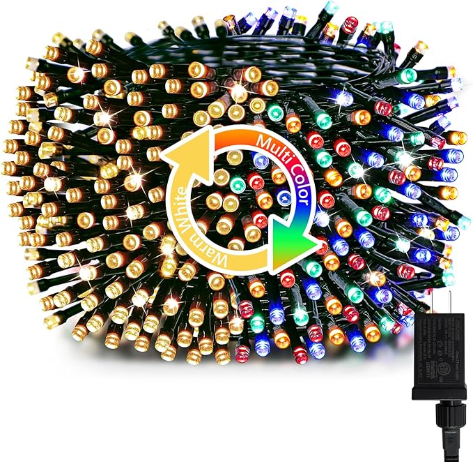 Minetom Christmas Lights, 128ft 400 LED Outdoor Christmas Tree Lights with Remote, 8 Modes Christmas String Lights Plug in Xmas Tree Lights with Timer for Outside Party Decor, Warm White & Multicolor