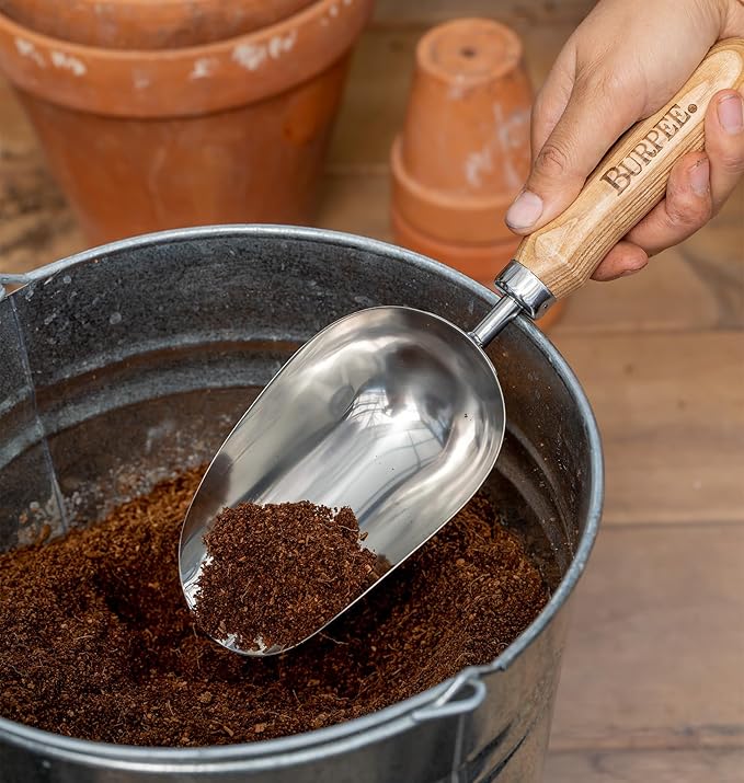 Burpee 15" Stainless Steel Soil Scoop | Durable Long Lasting Garden Tool | Leather Wrist Strap 5" Handle, Oak