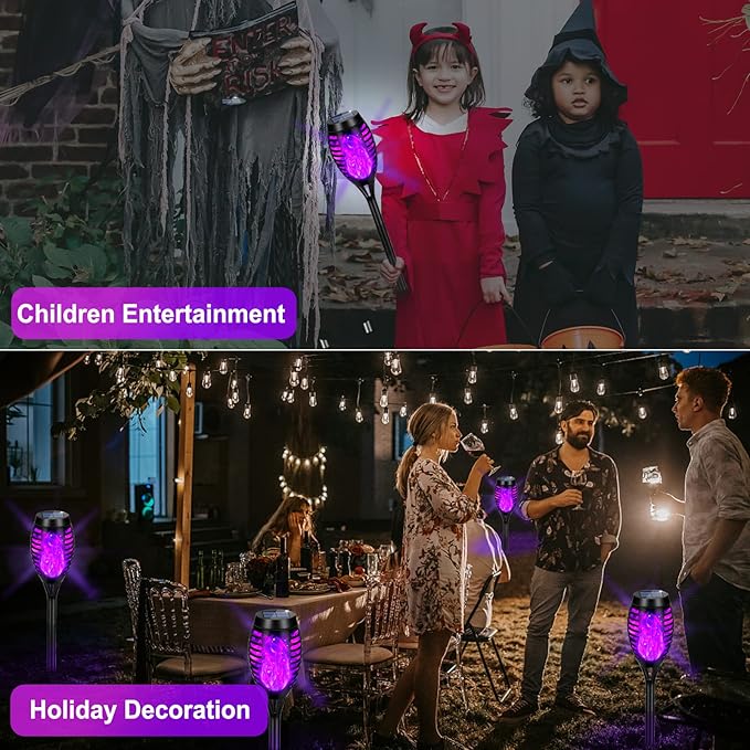 Solar Lights Outdoor Waterproof Purple, Upgraded 6 Pack Solar Tiki Torches with Flickering Flame for Garden Decor, Solar Outdoor Landscape Lights for Porch Yard Pathway Halloween Decorations
