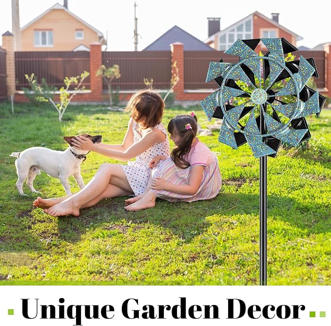 59 inch Outdoor Kinetic Wind Spinner, Double Blade Wind Sculpture with 5 Prong Base, Geometric Metal Windmill for Garden, Lawn & Patio Decoration (Blue Gold)