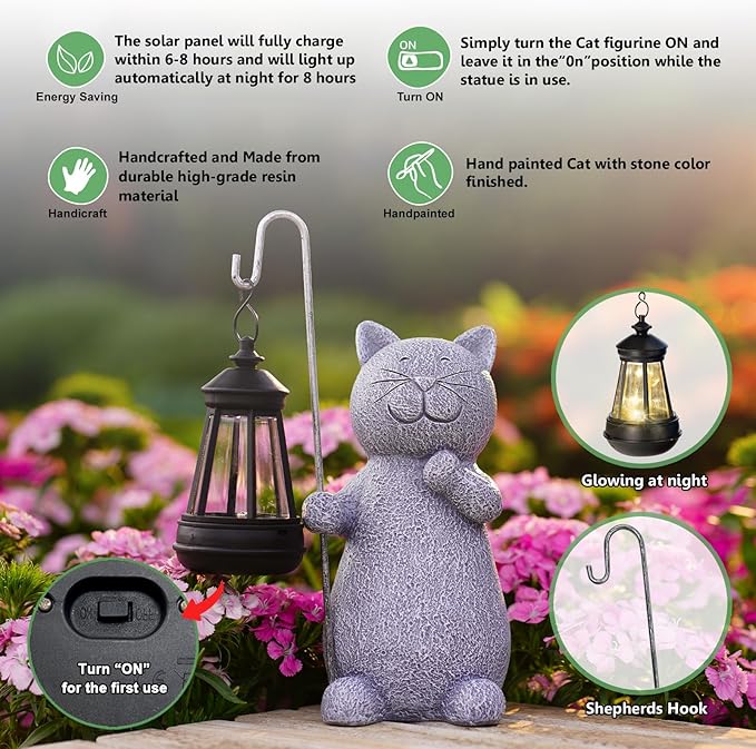 Garden Decor Solar Statues for Mom Grandma Birthdays for Women Sister Wife Lady - Front Patio Balcony Yard Art Lawn Ornaments Porch Outdoor Outside Decorations (Cat)